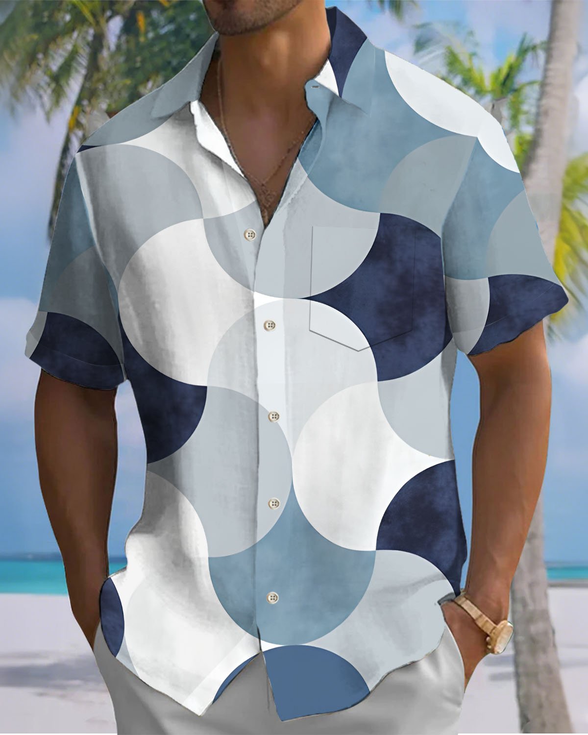 Alohadaddy® Casual Geometric Print Art Button Pocket Cardigan Men's Short Sleeve Shirt Big & Tall
