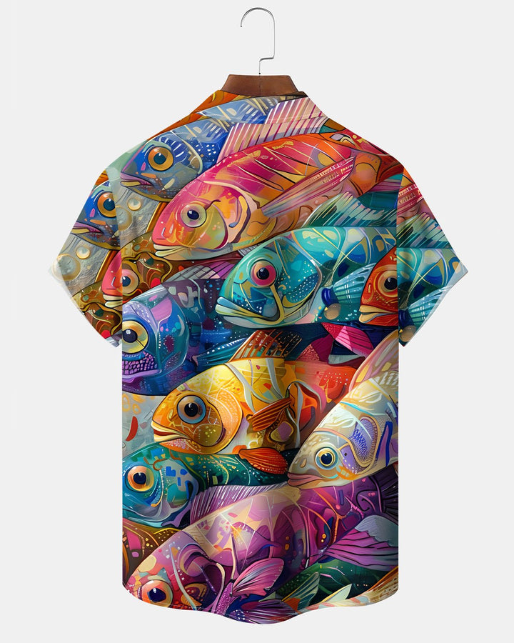 Alohadaddy® Hawaiian Fish Print Art Button Pocket Cardigan Men&