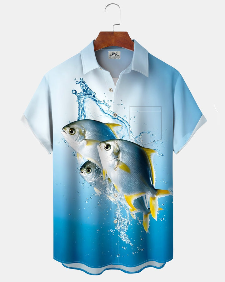 Alohadaddy® Hawaiian Fish Print Art Button Pocket Cardigan Men&