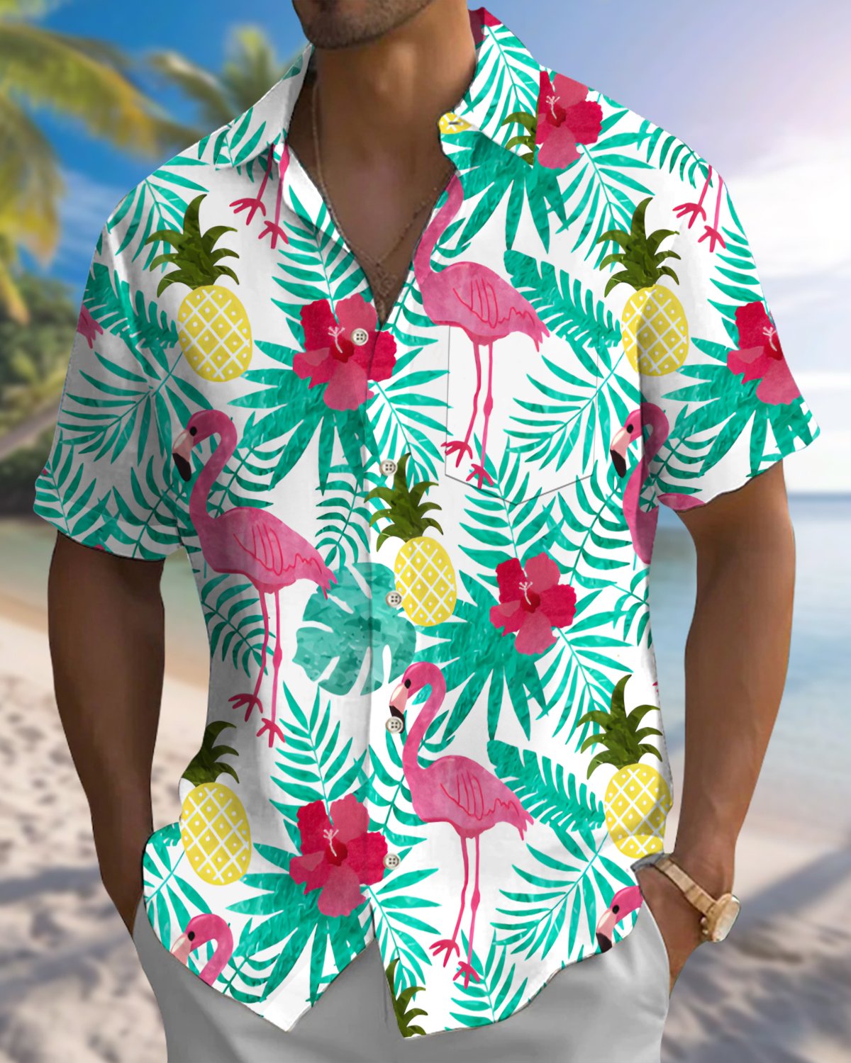 Alohadaddy® Hawaiian Flamingo Print Art Button Pocket Cardigan Men's Short Sleeve Shirt