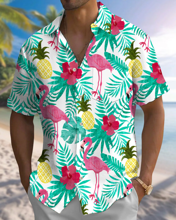 Alohadaddy® Hawaiian Flamingo Print Art Button Pocket Cardigan Men&