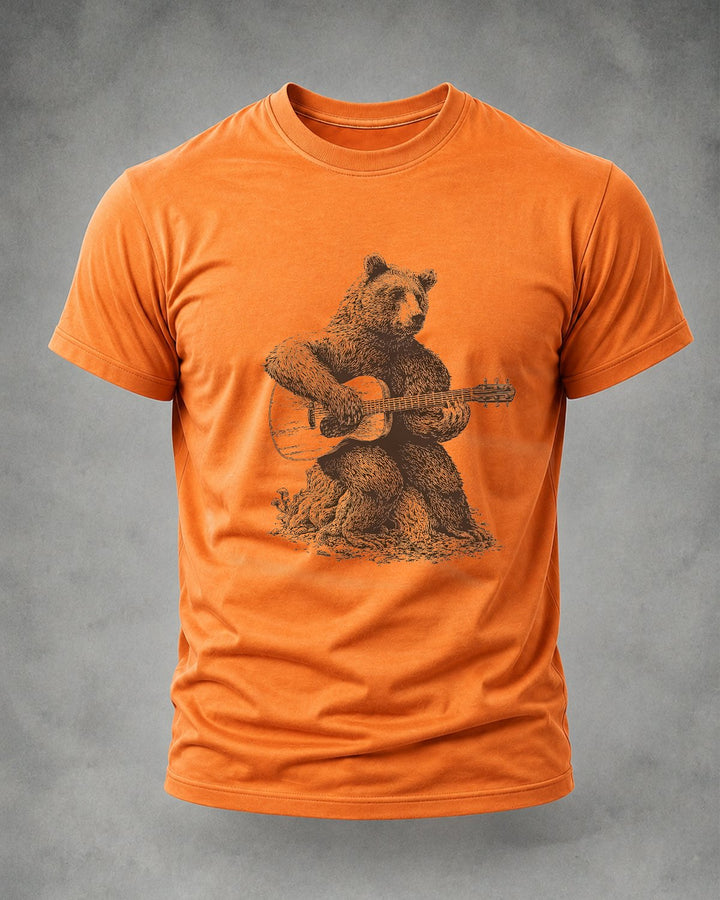 Alohadaddy® Retro Guitar Bear Music Print Crew Neck Short Sleeve T-Shirt