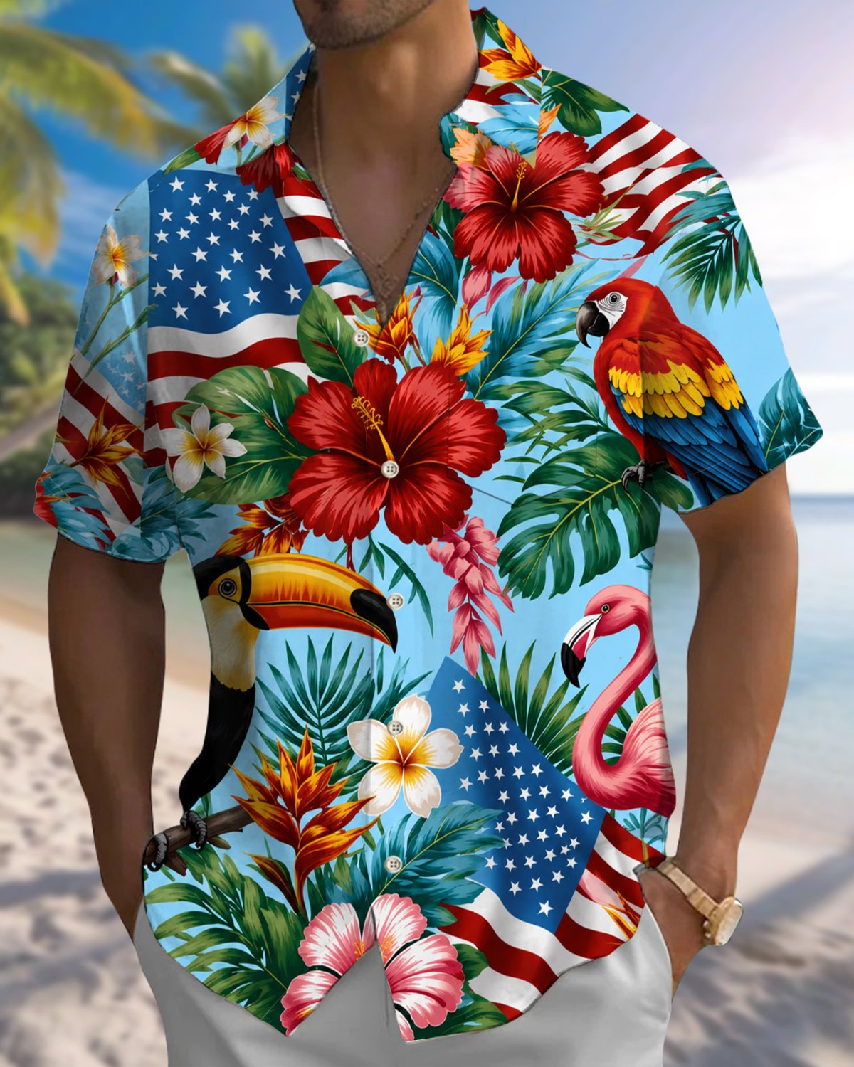 Alohadaddy® Men's Short-Sleeve Button-Down Shirt with Flamingo Print and Chest Pocket