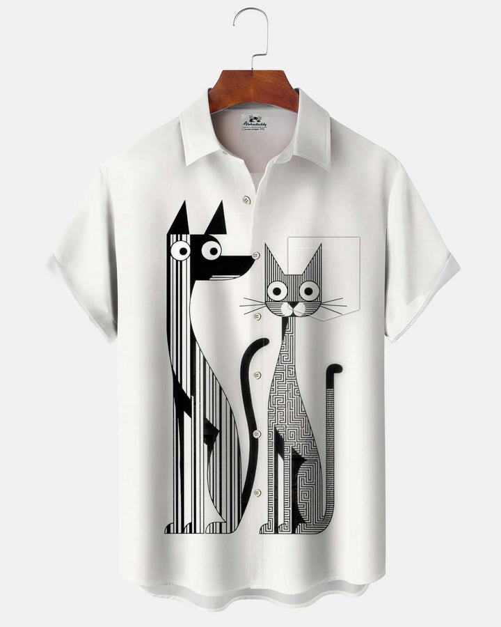 Alohadaddy® Men’s Short-Sleeve Button-Down Cardigan Shirt  Casual Geometric Cat &amp; Dog Print