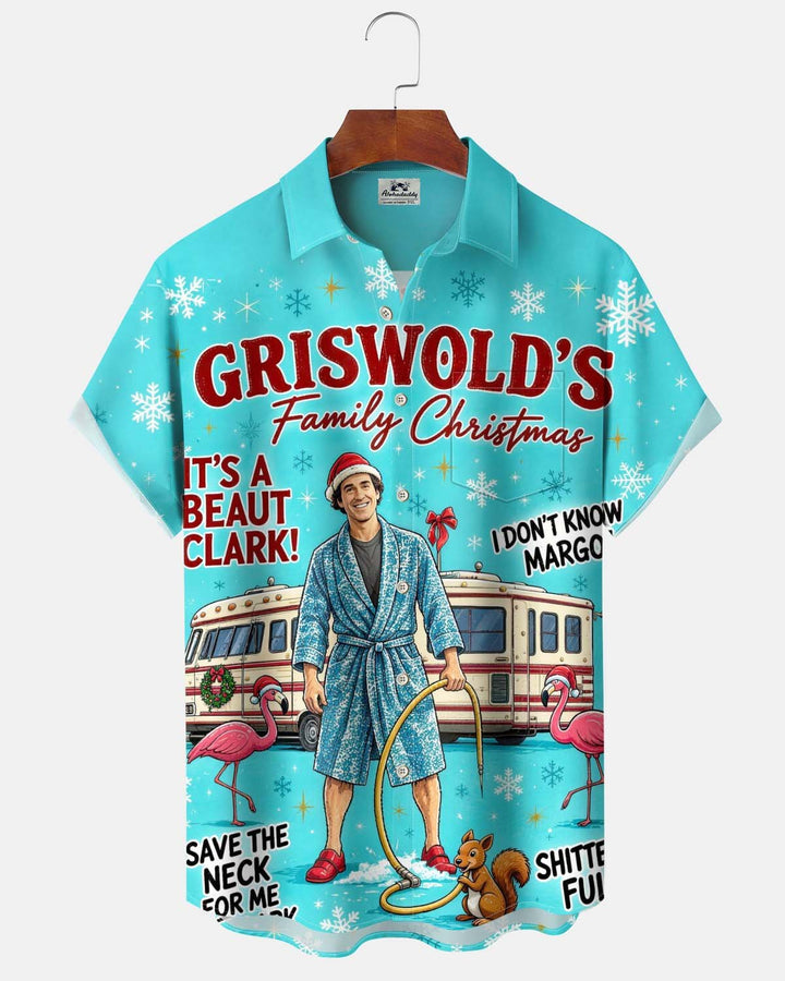 Alohadaddy® Holiday/Christmas Print Button-Down Short-Sleeve Men’s Shirt with Pocket