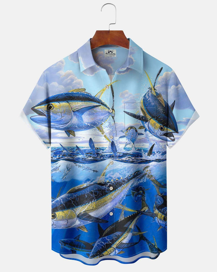 Alohadaddy® Hawaiian Tuna Print Button-Down Short-Sleeve Shirt for Men with Pocket