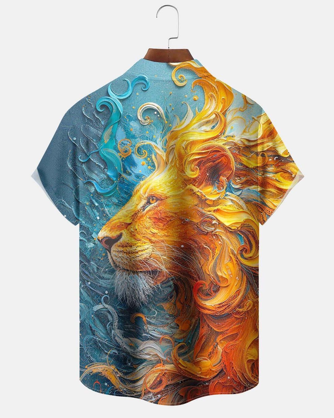 Alohadaddy® Men’s Short-Sleeve Button-Down Cardigan Shirt Vintage Oil-Painting-Style Lion Print with Pocket