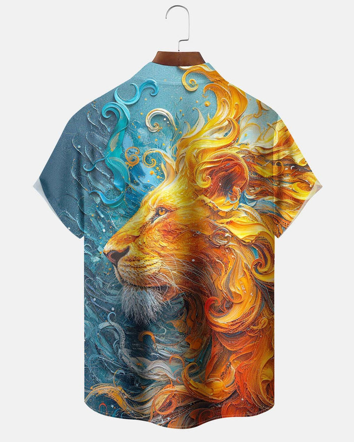 Alohadaddy® Men’s Short-Sleeve Button-Down Cardigan Shirt Vintage Oil-Painting-Style Lion Print with Pocket