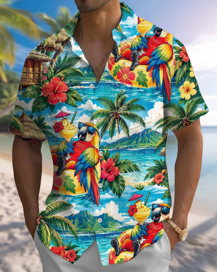 Alohadaddy® Men’s Short-Sleeve Button-Down Shirt with Parrot Print Pocket and Cardigan-Style Opening