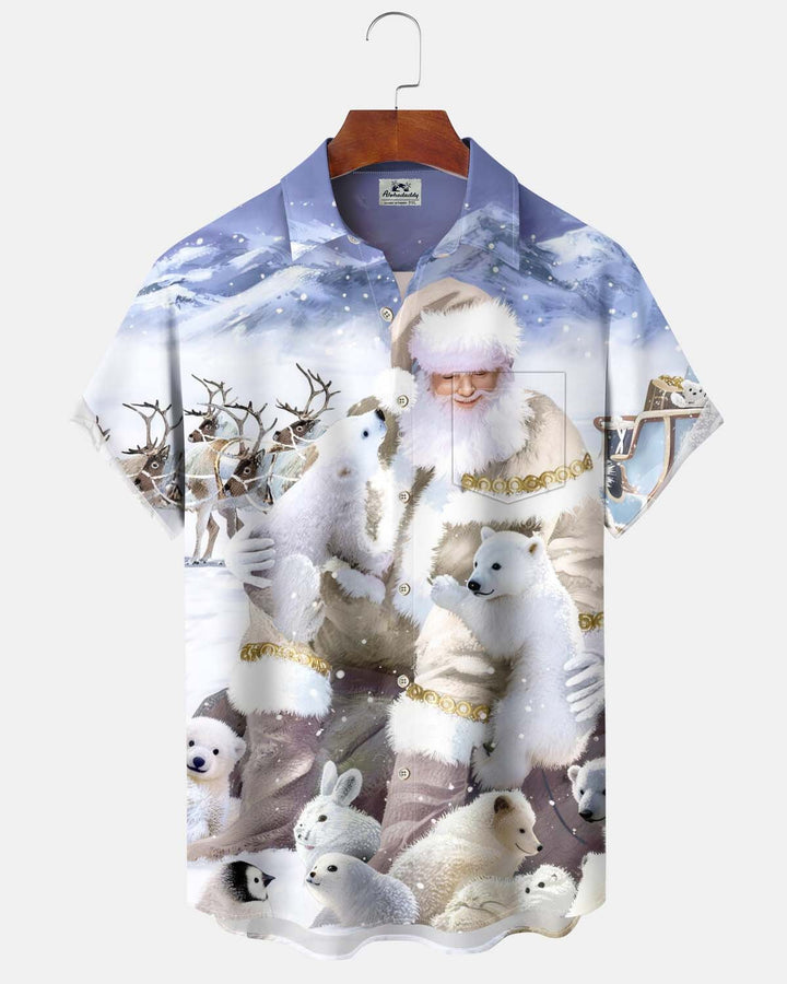 Alohadaddy® Holiday Collection – Snowy Christmas Graphic Print Button-Down Pocketed Short-Sleeve Men’s Shirt