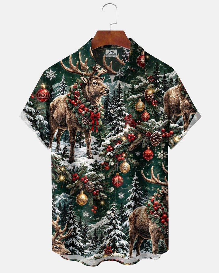 Alohadaddy® Holiday Christmas Reindeer Print Button-Down Cardigan-Style Men’s Short-Sleeve Shirt with Pocket