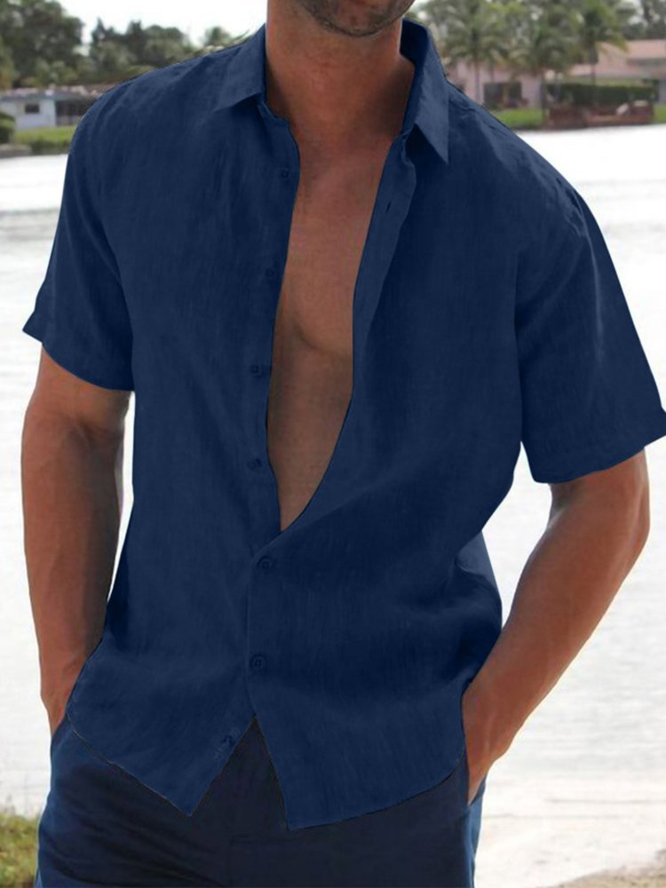 Camisa suelta de manga corta de lino y algodón para hombre