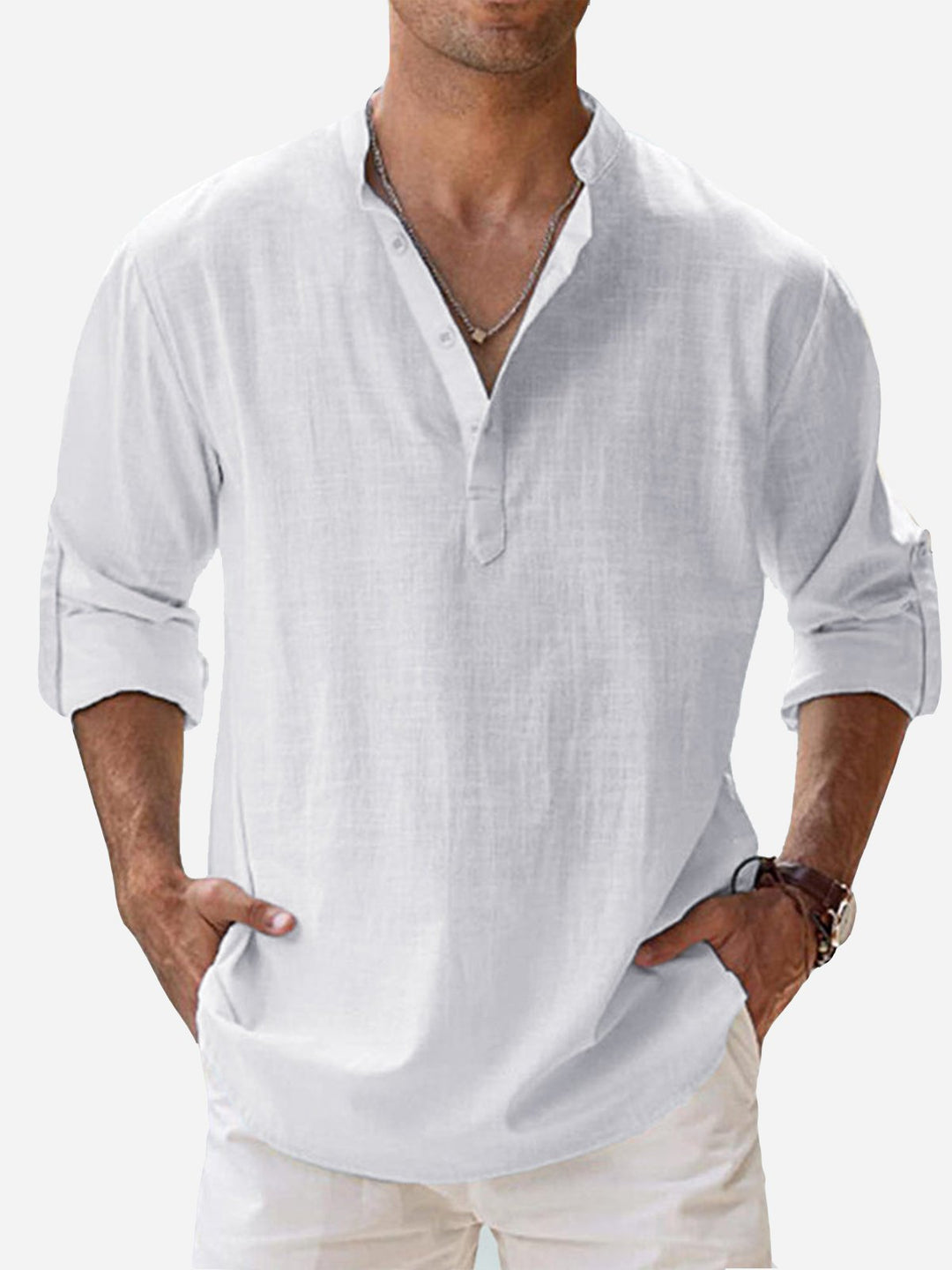 Camisas de manga larga con cuello de banda, de lino y algodón, básicas, informales, vintage, de Alohadaddy, cómodas y transpirables para campamento