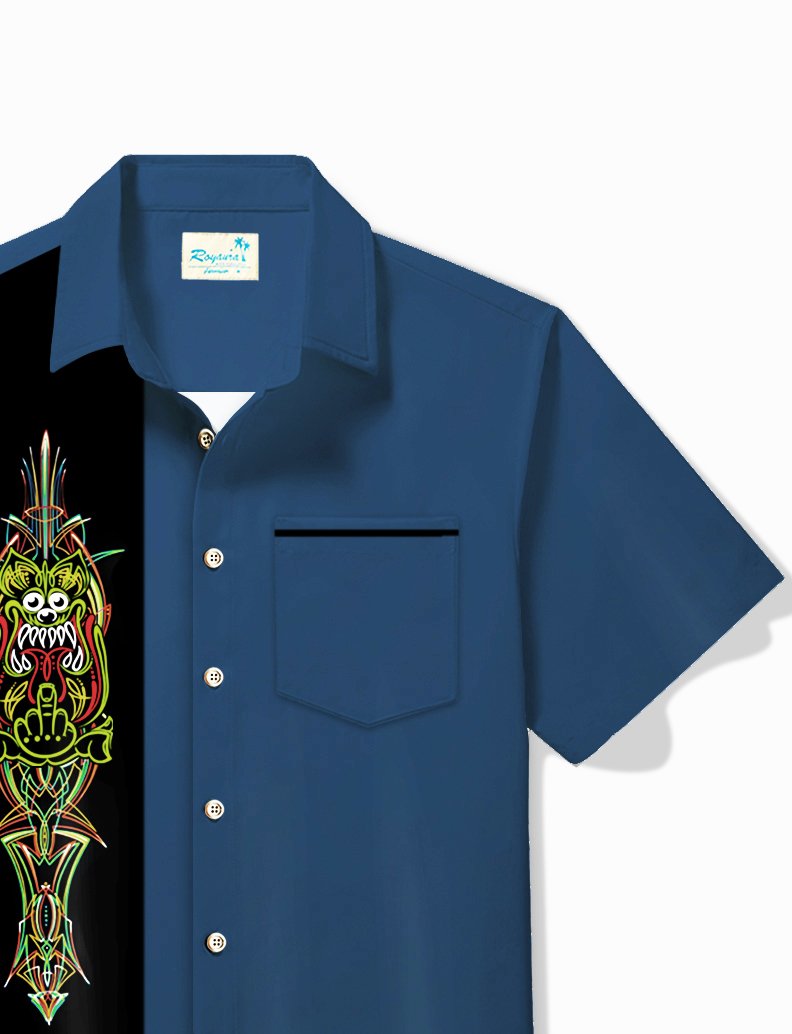Alohadaddy Vintage Pinstripe Panel BowIing Printed Chest Pocket Shirt Large Size Men&