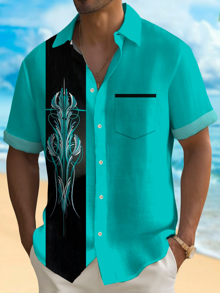 Camisa de manga corta con bolsillo abotonado y estampado degradado a rayas para hombre de estilo retro de bolos y automoción de Alohadaddy