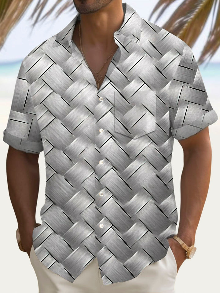 Camisa de manga corta con bolsillo abotonado y estampado 3D de gradiente geométrico retro para hombre de Alohadaddy