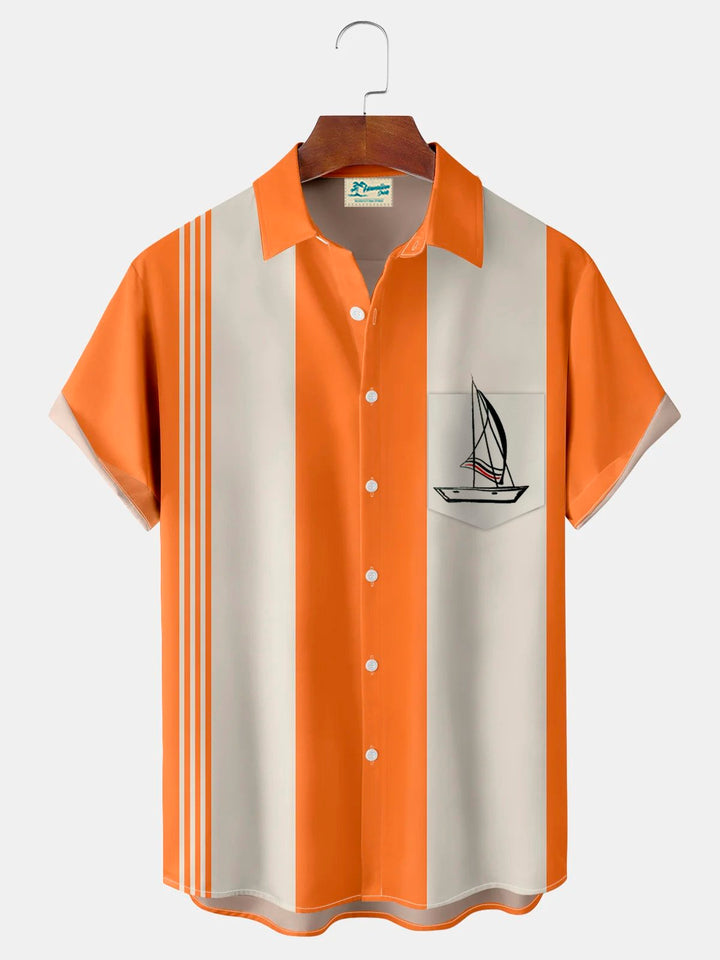 Camisa de manga corta con bolsillo abotonado y estampado 3D de rayas de vela y bolos retro de Alohadaddy para hombre, talla grande y alta
