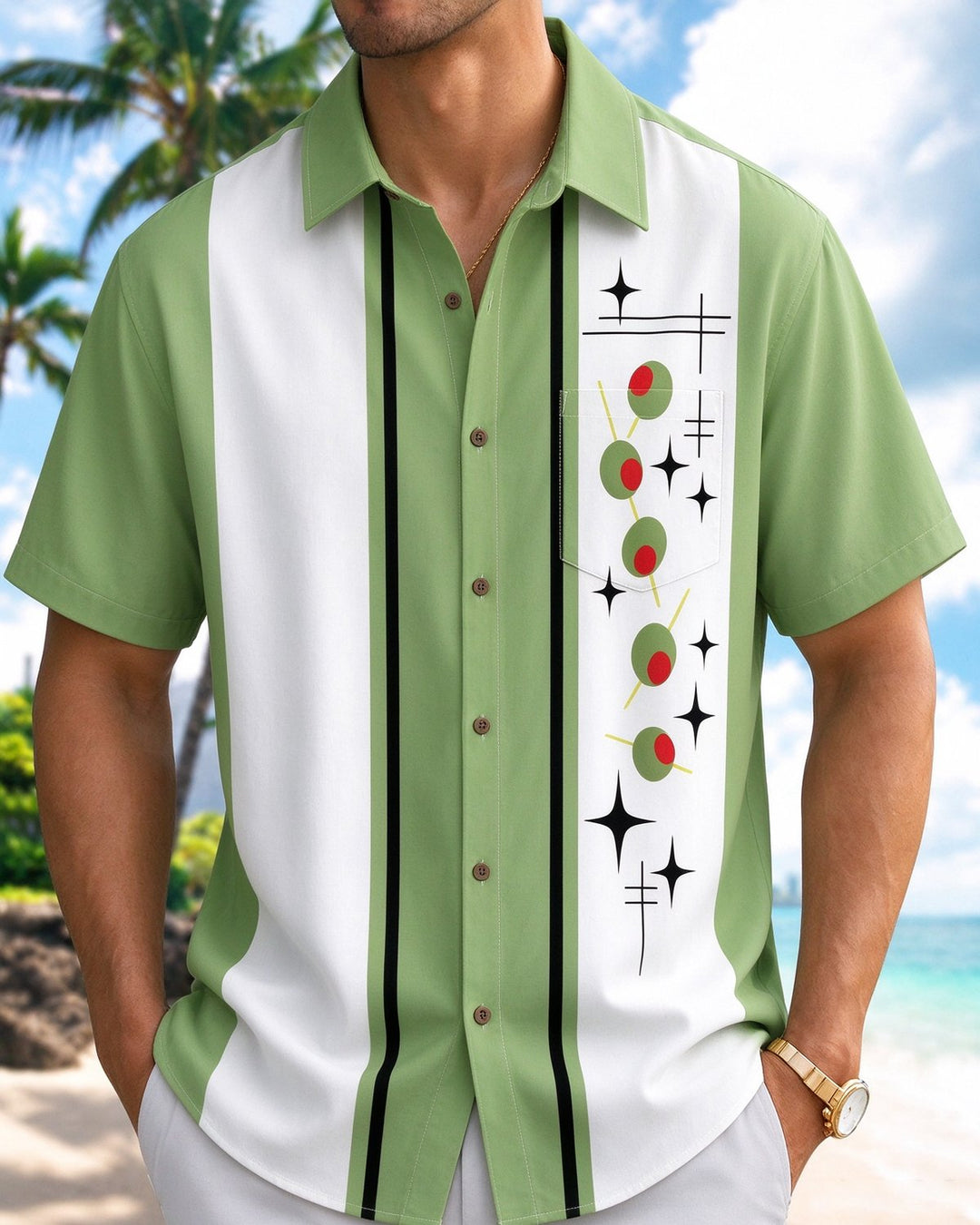 Alohadaddy® Retro Geometric Striped Bowling Shirt Print Men&