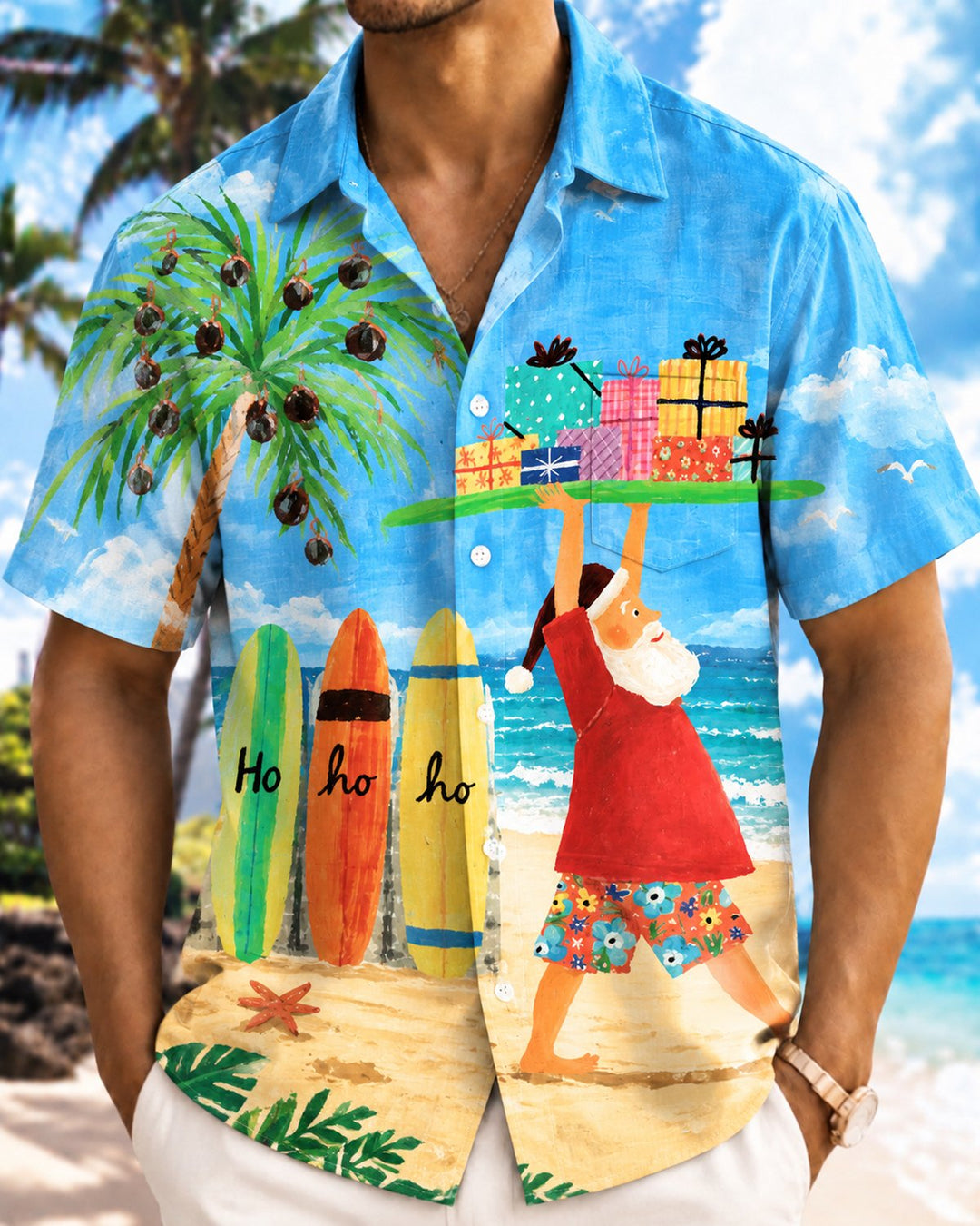 Alohadaddy® Holiday Christmas Santa Claus Beach Vacation Print Men&