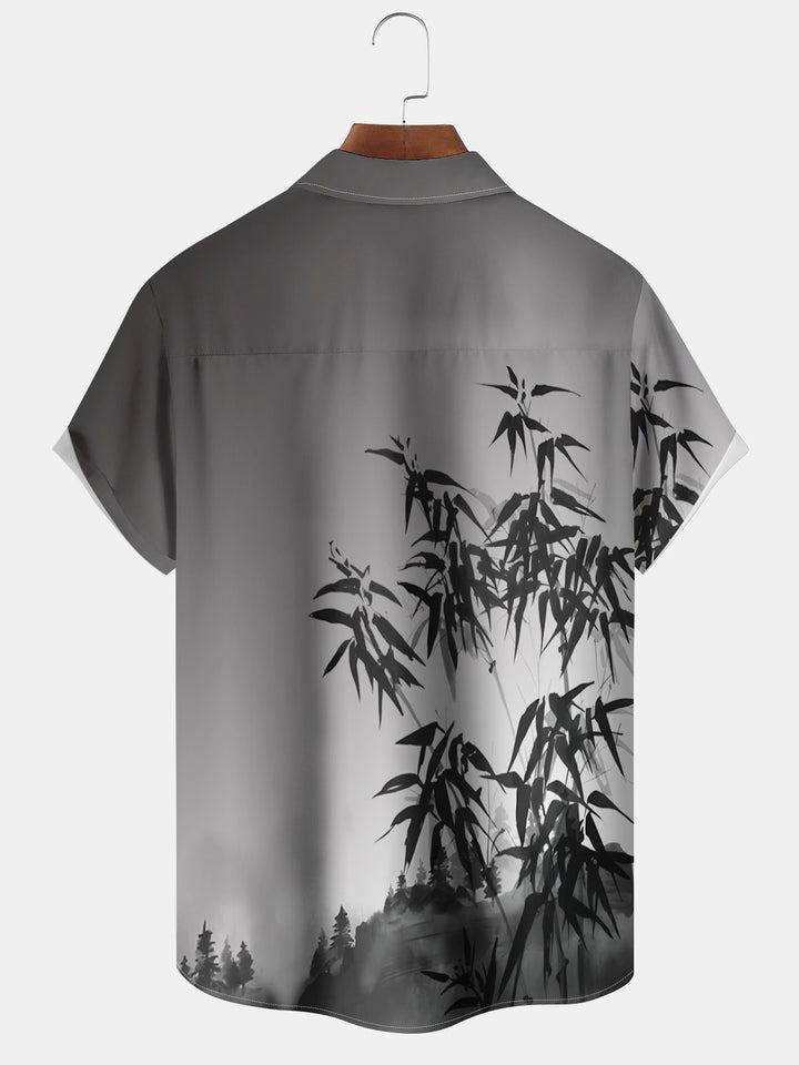 Alohadaddy Hawaii Vacation Gradient Bamboo Print Art Pocket Button Short Sleeve Stretch Large Size Men&