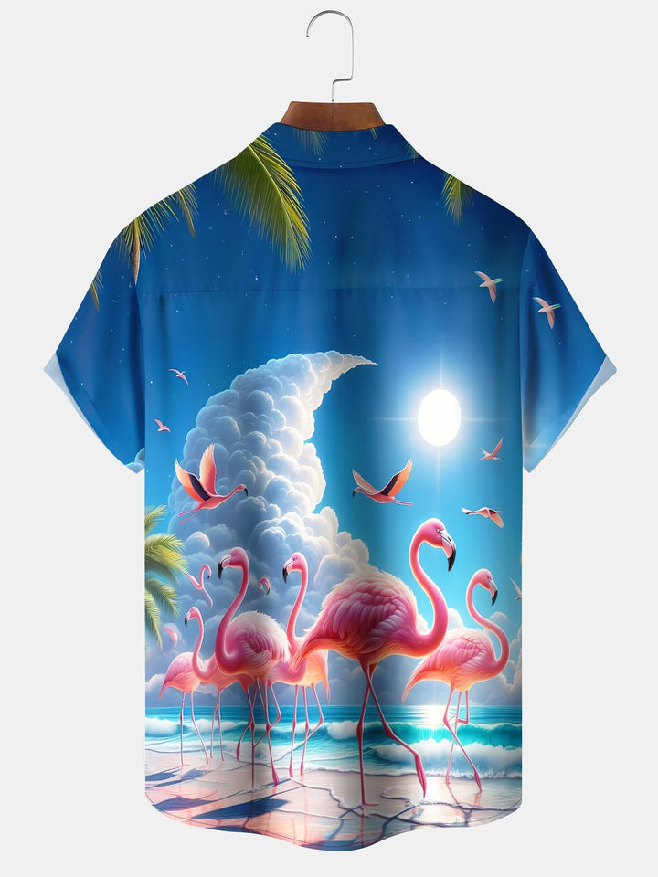 Alohadaddy Hawaii Resort Style Flamingo Clouds Print Art Buttons Stretch Large Size Men&