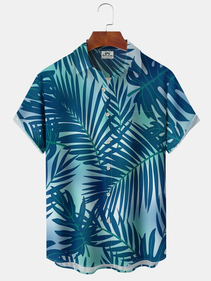 Alohadaddy Hawaiian Casual Plants Palm Leaves Print Art Pockets Buttons Elastic Large Size Shirt