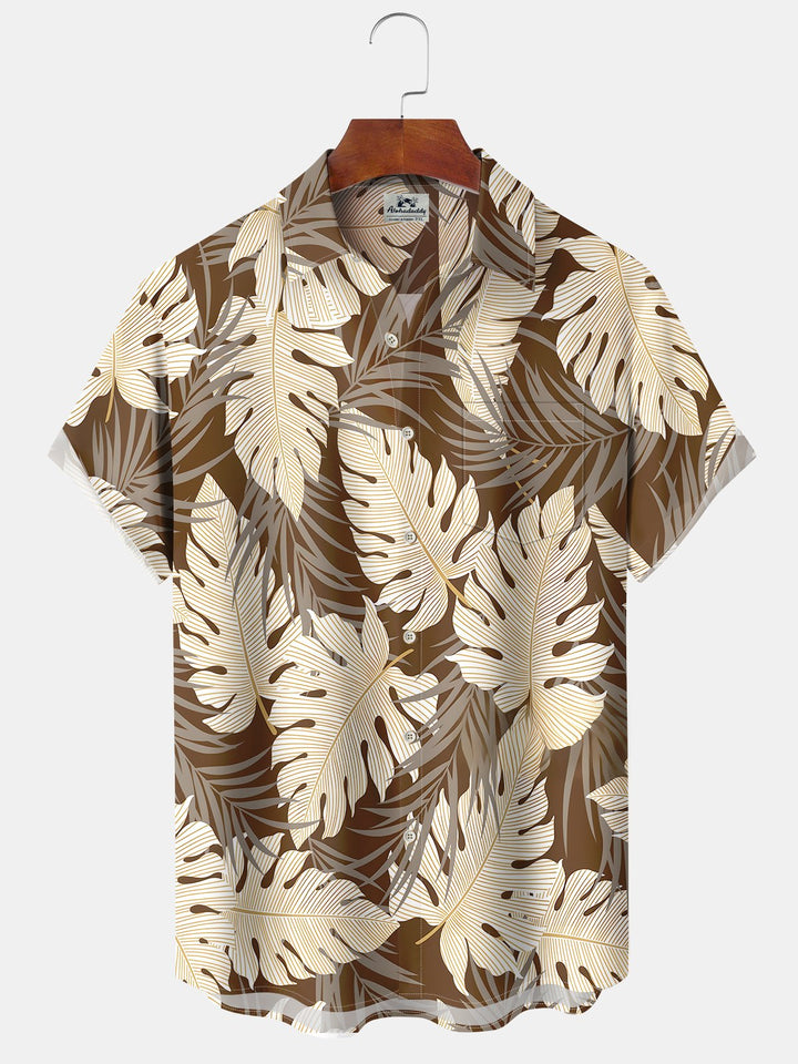 Alohadaddy Hawaiian Contrasting Palm Leaves Print Art Pockets Buttons Stretch Oversized Shirt