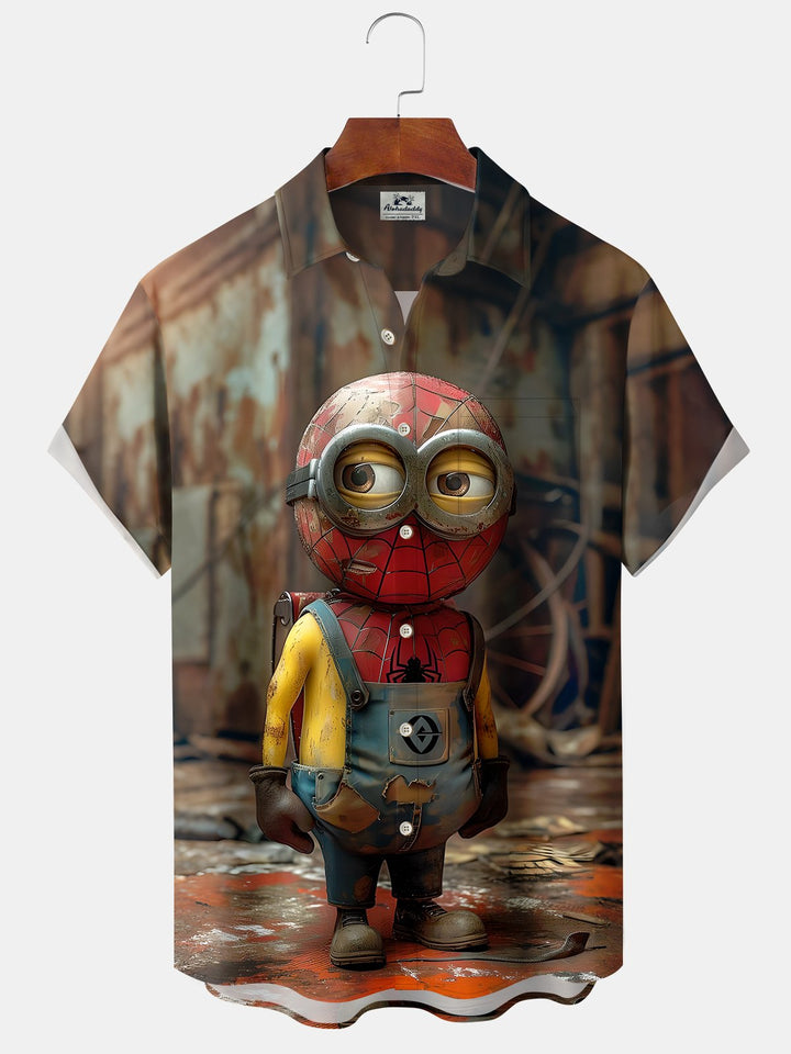 Alohadaddy Casual Collection Minions Spiderman Print Art Button Cardigan Pocket Stretch Oversized Short Sleeve Shirt