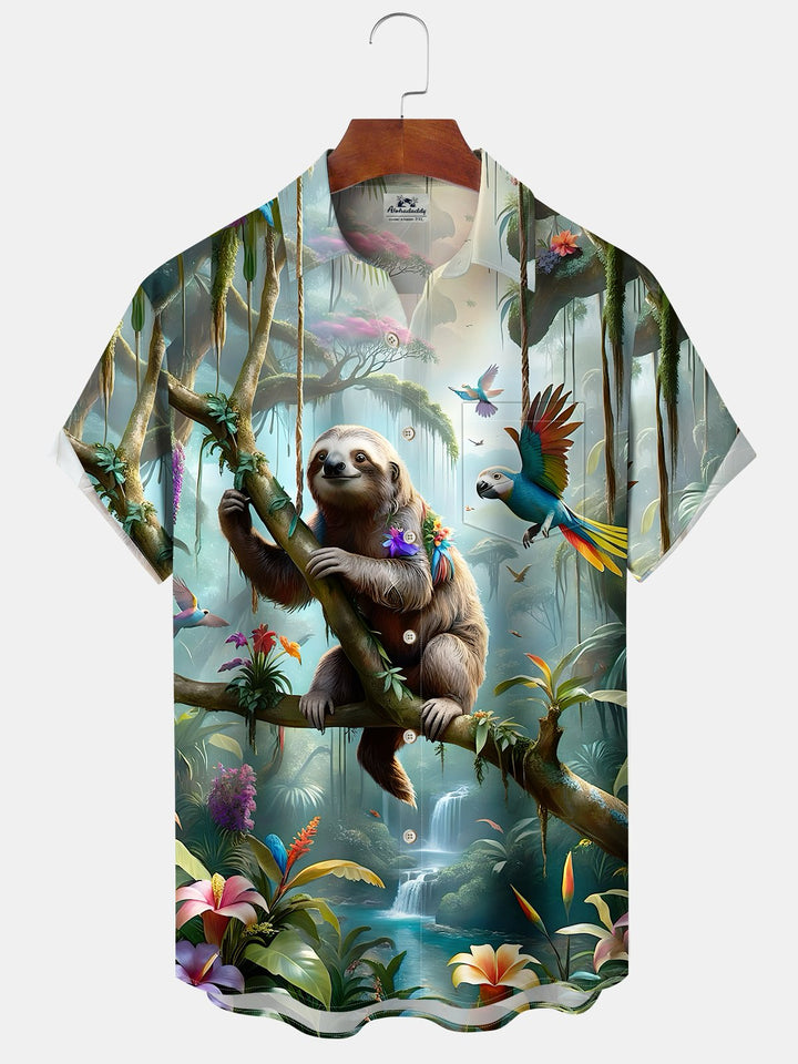 Alohadaddy Hawaiian Sloth Art Print Button Cardigan Pocket Stretch Large Size Long Short Sleeve Shirt