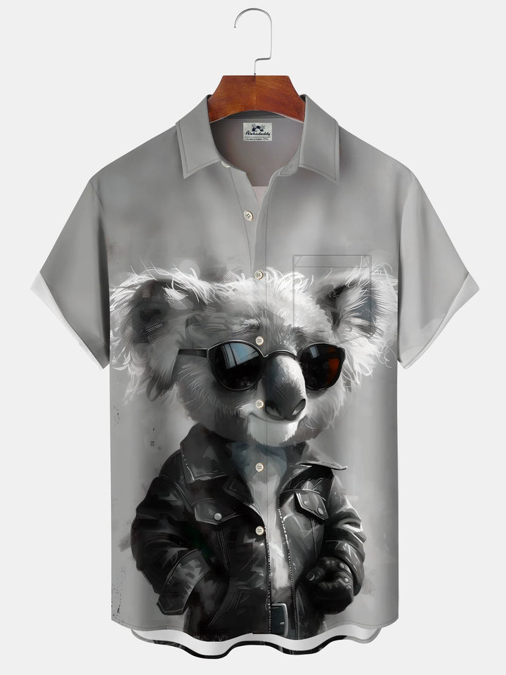 Alohadaddy Casual Koala Oil Painting Print Art Button Cardigan Pocket Stretch Large Size Polyester Short Sleeve Shirt