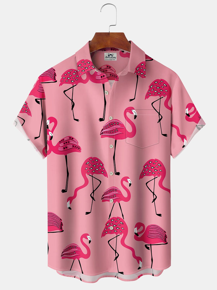 Alohadaddy Hawaiian Flamingo Vacation Print Art Button Cardigan Pockets Large Size Long Short Sleeve Polyester Shirt