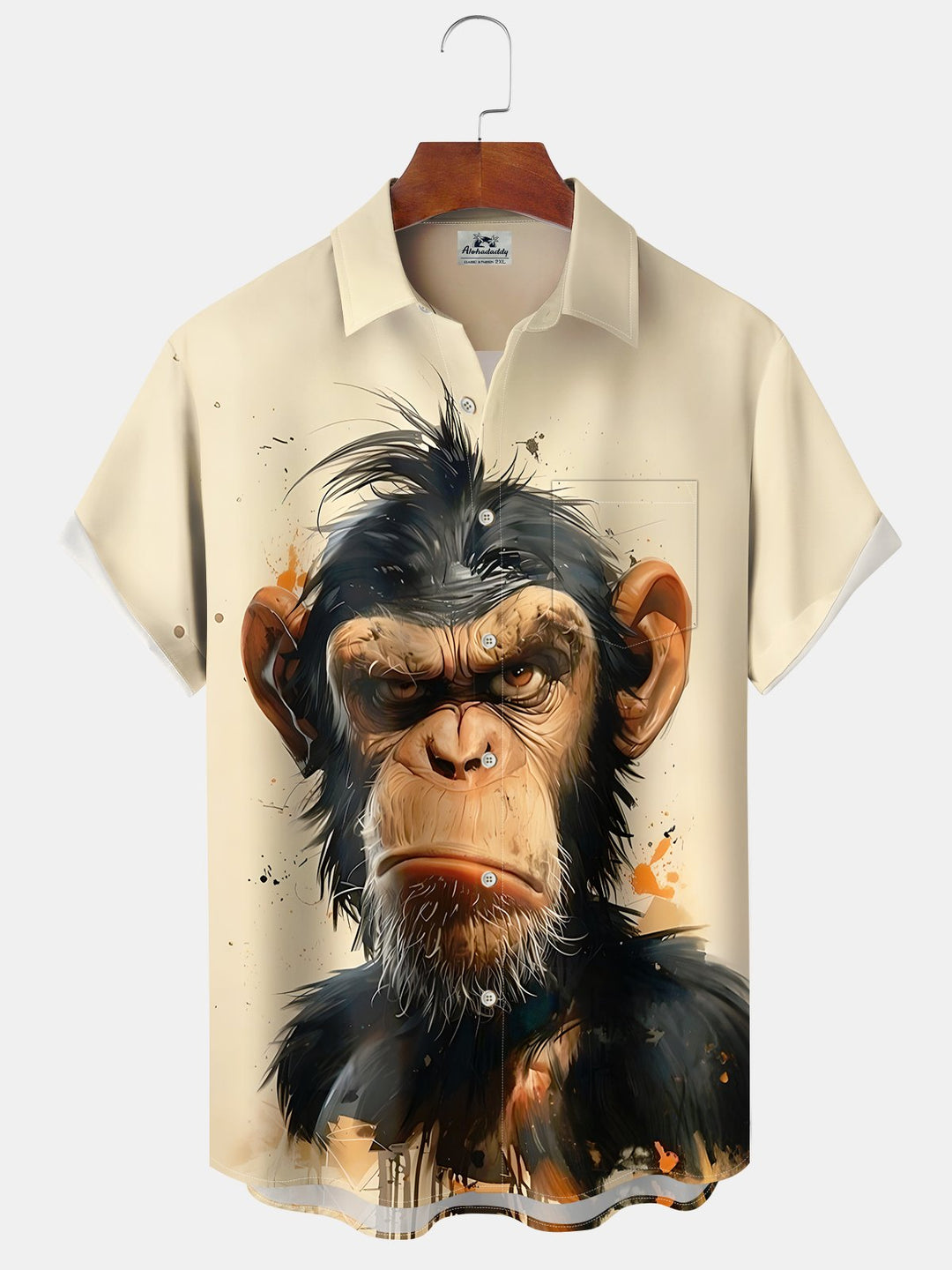Alohadaddy Casual Collection Oil Painting Angry Orangutan Print Art Button Cardigan Pocket Elastic Oversized Short Sleeve Shirt