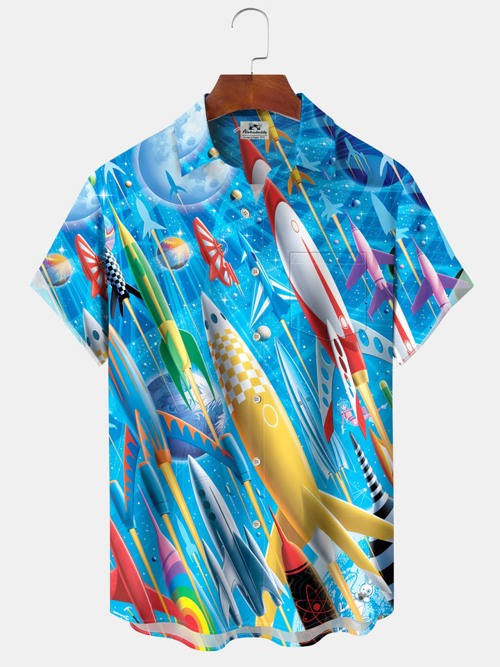 Alohadaddy Hawaiian Casual Rocket Art Button Cardigan Pocket Stretch Large Size Long Short Sleeve Shirt