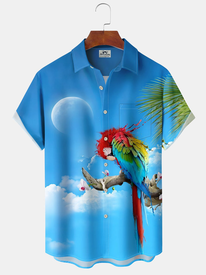 Alohadaddy Hawaiian Parrot Art Print Button Cardigan Pocket Stretch Polyester Long Oversized Short Sleeve Shirt