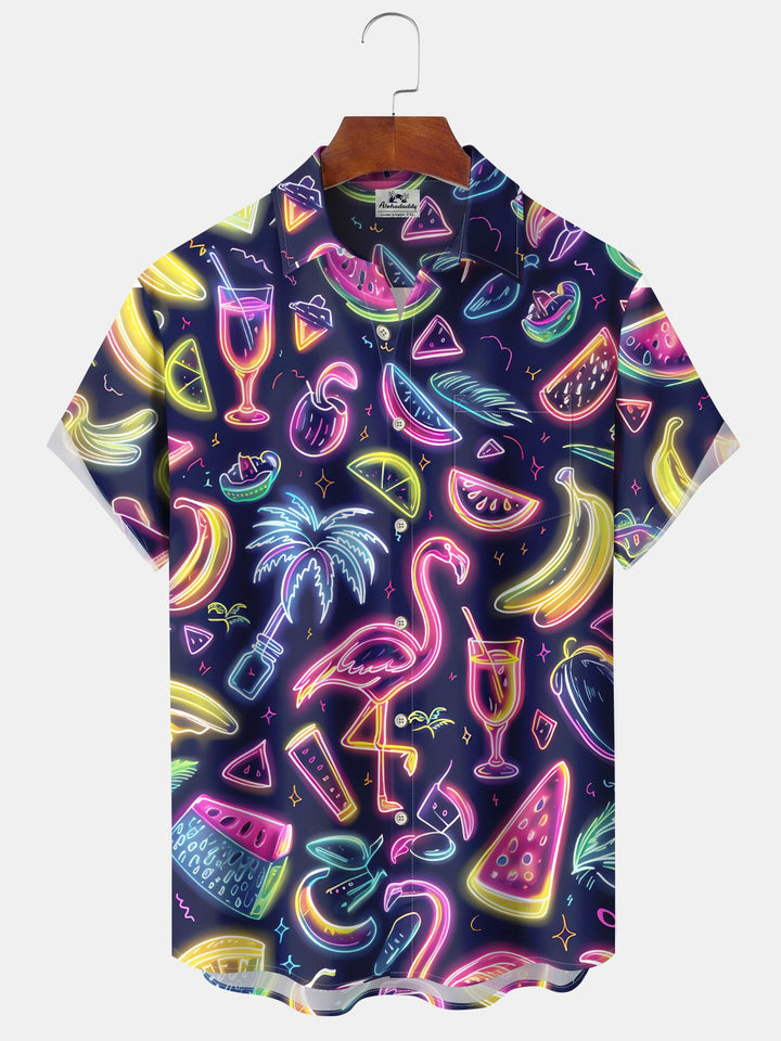 Alohadaddy Hawaiian Vacation Flamingo Wine Glass Palm Tree Print Art Loose Cardigan Button Pocket Stretch Long Large Size Short Sleeve Shirt