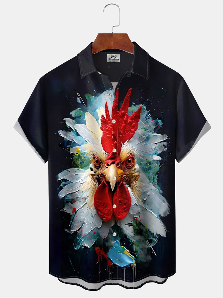 Alohadaddy Casual Collection Moisture-wicking Rooster Painting Print Chest Pocket Stretch Oversized Hawaiian Short Sleeve Shirt
