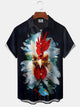 Alohadaddy Casual Collection Moisture-wicking Rooster Painting Print Chest Pocket Stretch Oversized Hawaiian Short Sleeve Shirt