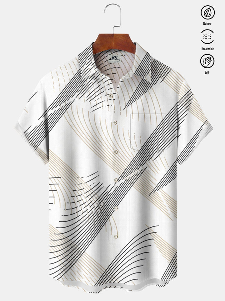 Alohadaddy Casual Stripes Art Print Moisture Wicking Chest Pocket Hawaiian Short Sleeve Shirt