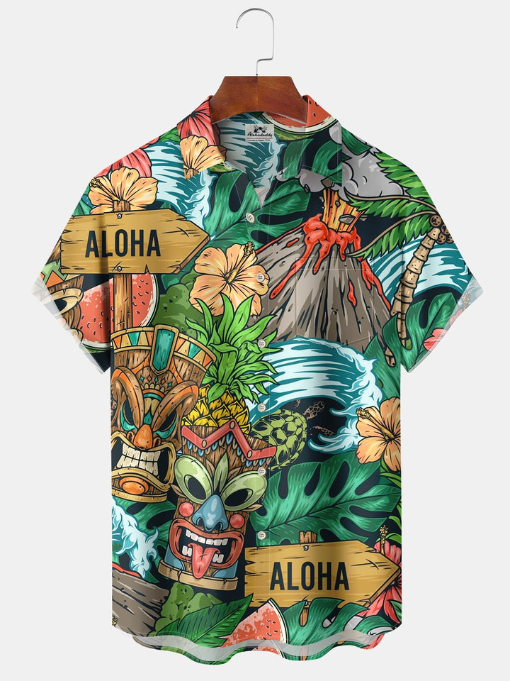 Alohadaddy® Casual Mask Art Print Chest Pocket Large Size Long Hawaiian Men&