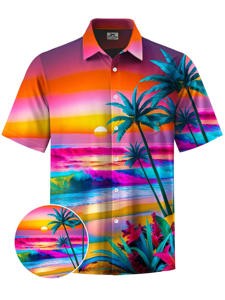 Alohadaddy® Hawaii Coconut Tree Beach Print Chest Pocket Men&