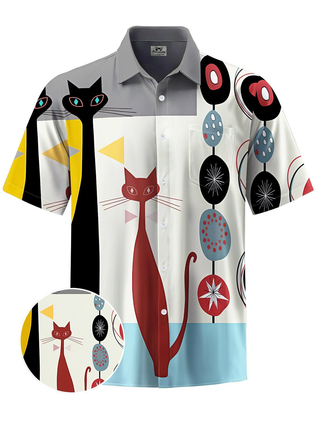 Alohadaddy® Casual Geometric Cartoon Cat Print Art Chest Pocket Men Short Sleeve Shirt Big &amp; Tall