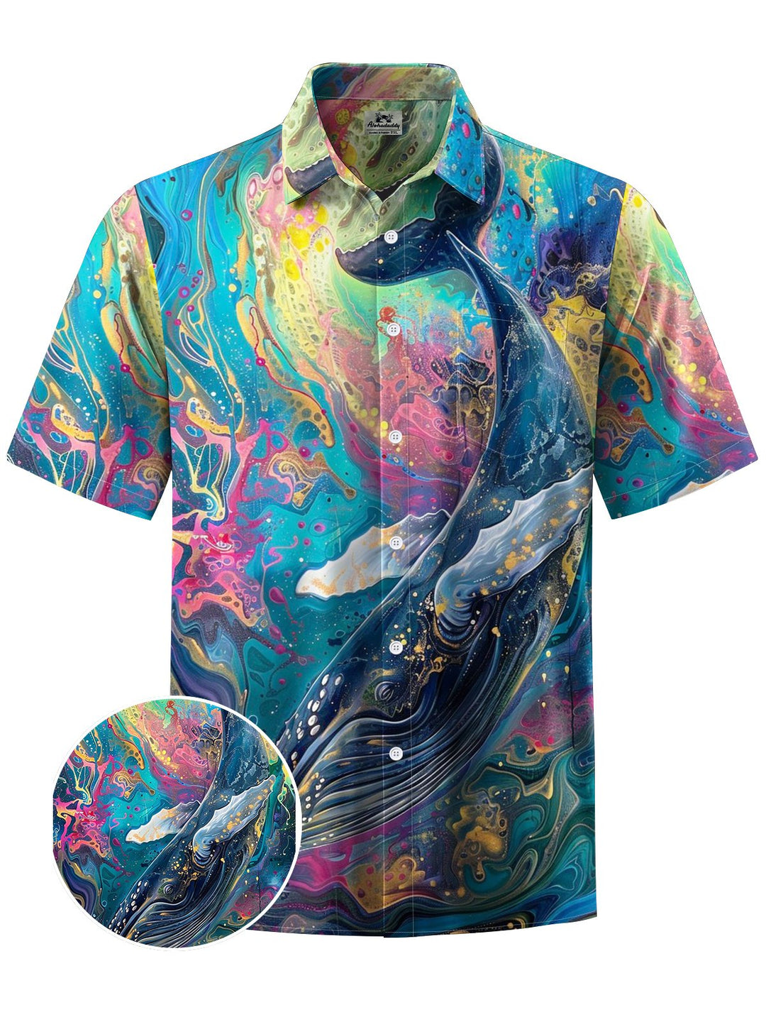 Alohadaddy® Hawaii Whale Flowers Art Print Chest Pocket Mens Short Sleeve Shirt Big &amp; Tall