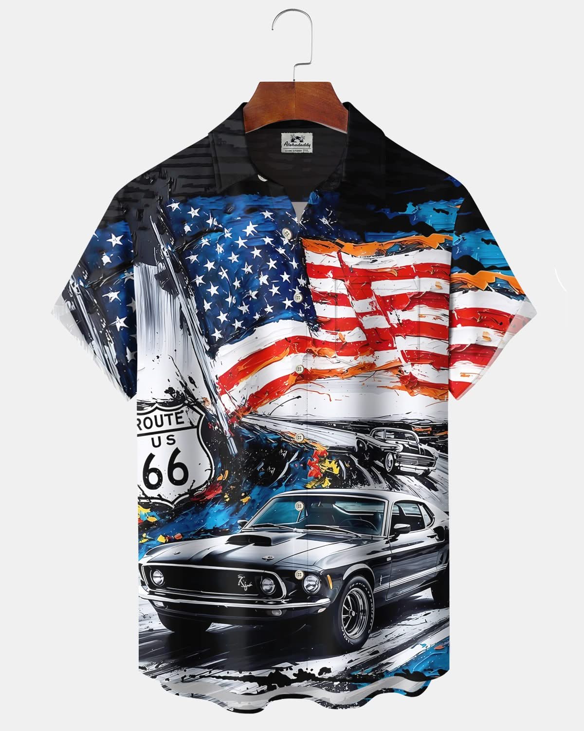 Alohadaddy® Vintage Route 66 Car Print Art Pocket Button Men's Short Sleeve Shirt Big & Tall