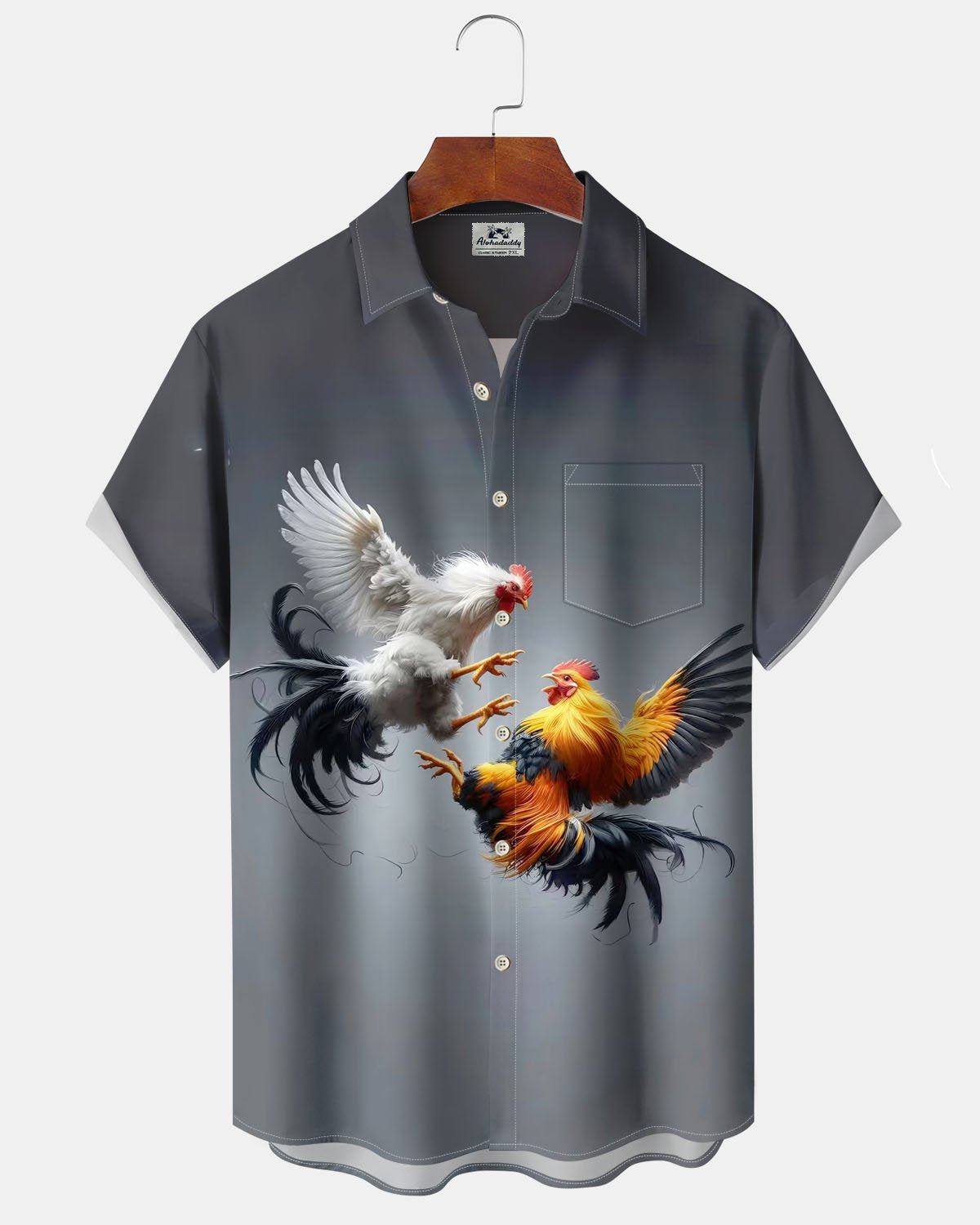 Alohadaddy® Casual Retro Rooster Print Art Pocket Stretch Men's Short-Sleeve Shirt Big & Tall