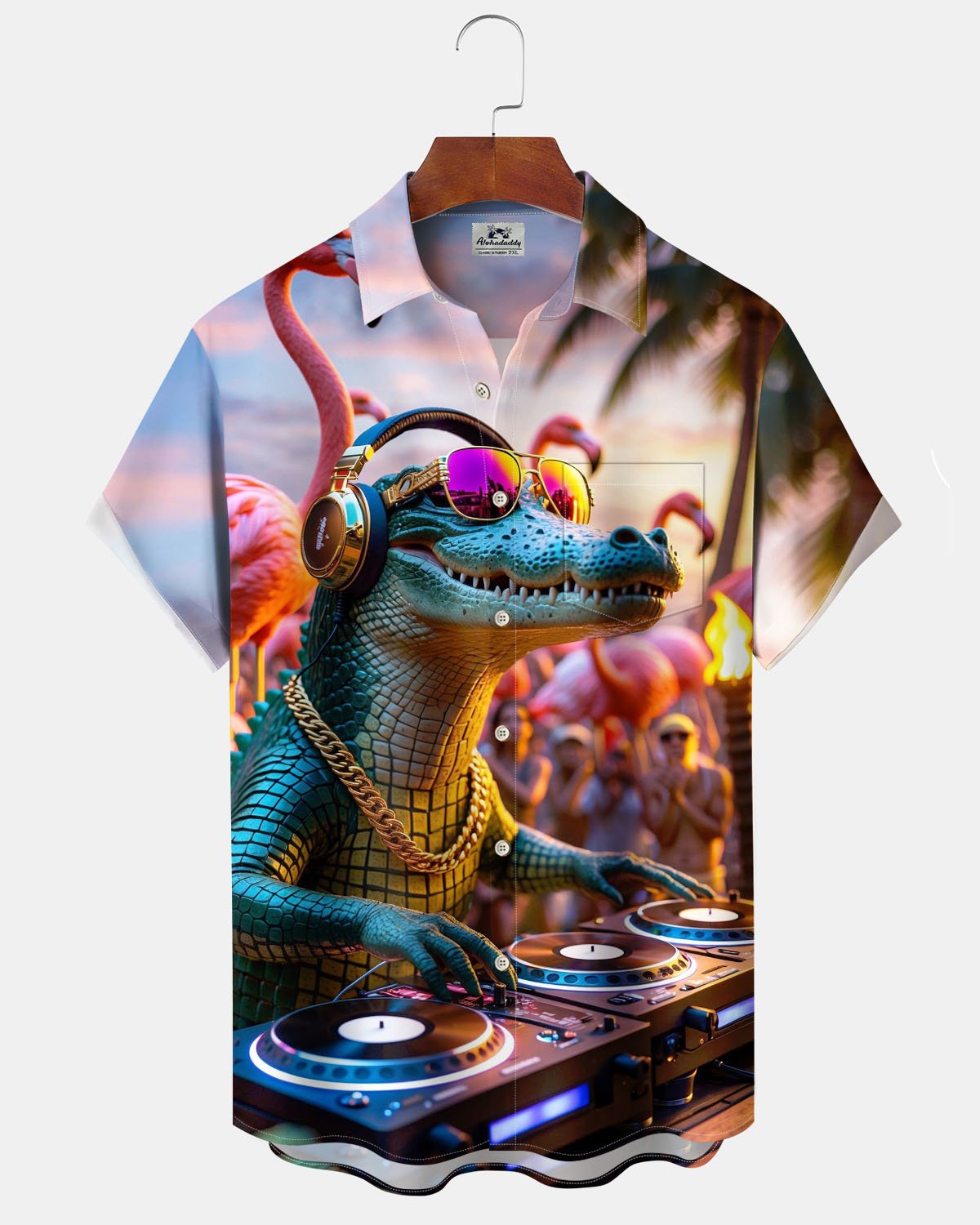 Alohadaddy® Hawaiian Crocodile Music Party Print Art Stretch Pocket Button Men's Short Sleeve Shirt Big & Tall