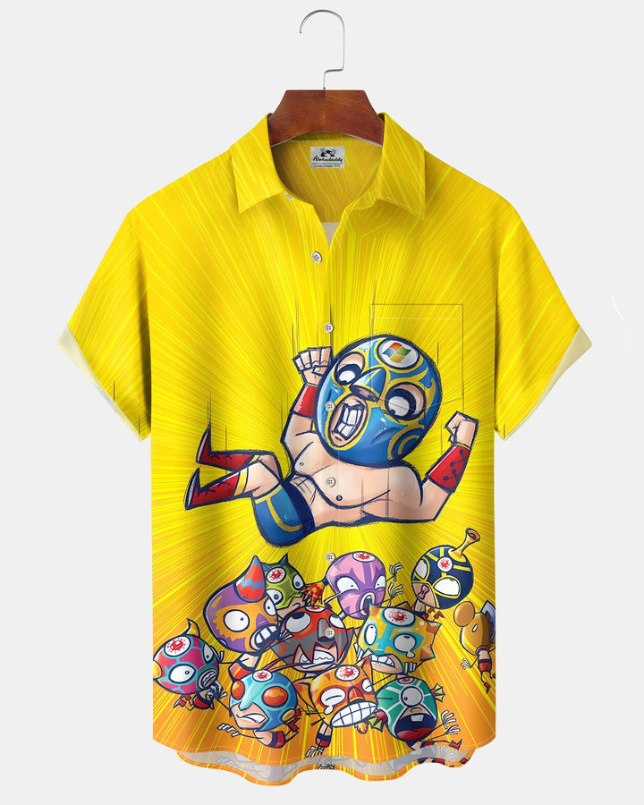 Alohadaddy® Casual Wrestling Figure Print Art Cardigan with Buttons and Pockets for Men&