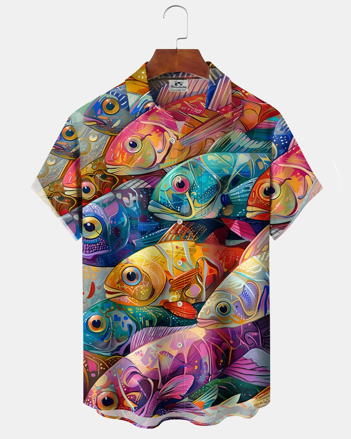 Alohadaddy® Hawaiian Fish Print Art Button Pocket Cardigan Men&
