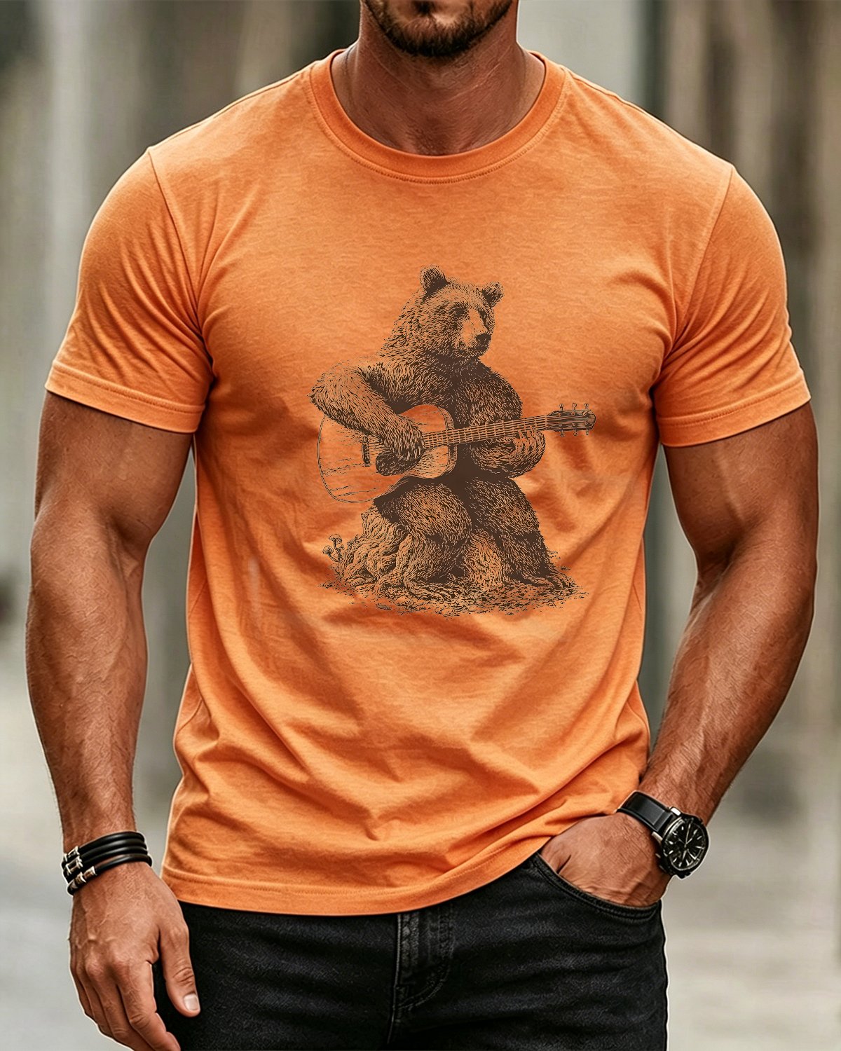 Alohadaddy® Retro Guitar Bear Music Print Crew Neck Short Sleeve T-Shirt