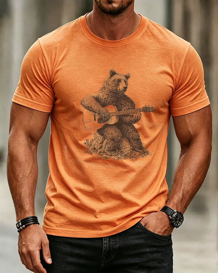 Alohadaddy® Retro Guitar Bear Music Print Crew Neck Short Sleeve T-Shirt