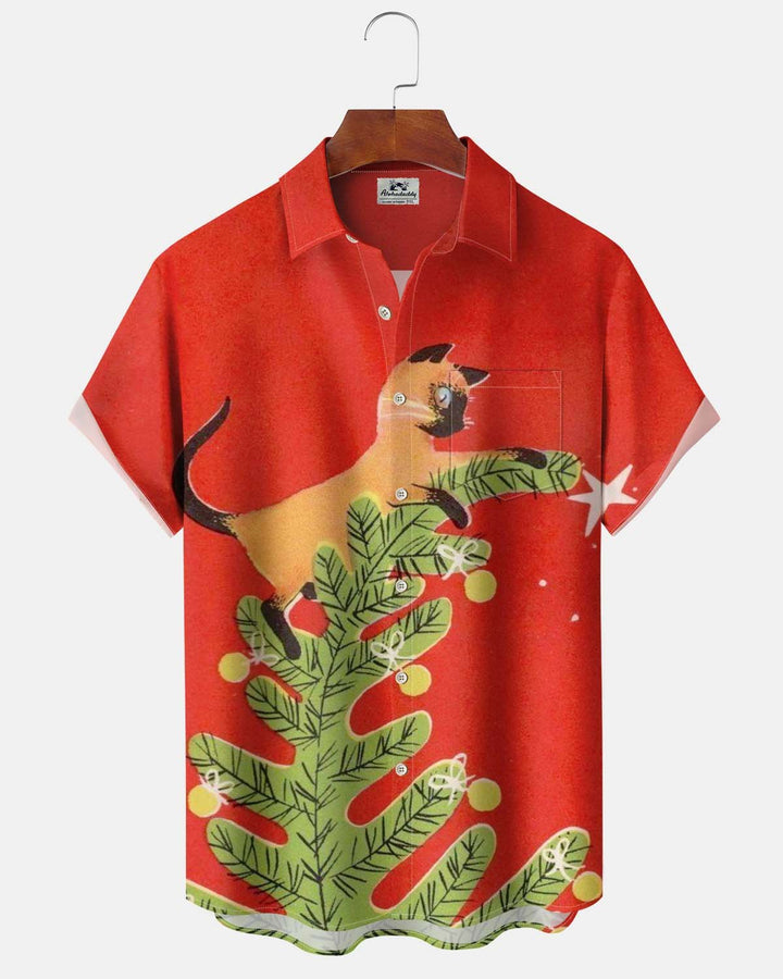 Alohadaddy® Holiday Christmas Print Button-Down Pocket Short-Sleeve Shirt